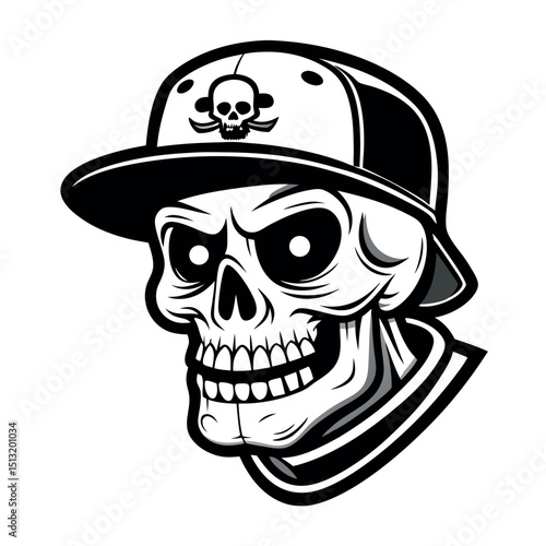 Grinning Skull with Snapback, Skull Wearing Hat, Headwear Art, Biker Skull,
