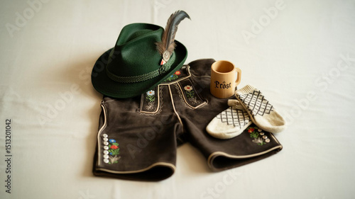 Traditional German hat with feather placed on brown leather shorts and white shirt