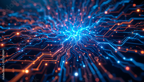 Futuristic AI-generated electric circuit design with glowing neural pathways, abstract data connections, and vibrant light pulses symbolizing advanced artificial intelligence and digital technology ev