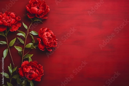 Fototapeta Naklejka Na Ścianę i Meble -  Red peonies on dark red wooden background