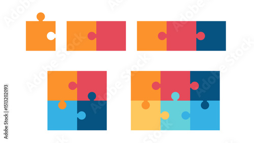 Colorful square puzzle stages. Diagram infographic set. Circle vector 1, 2, 3, 4, 6, parts. Process and segmented concept