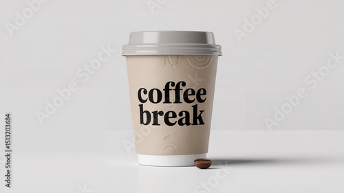Photo of a disposable coffee cup with the text “coffee break” printed in black