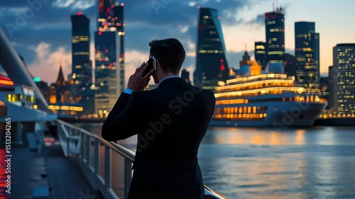 Businessman on phone, city skyline, cruise ship
