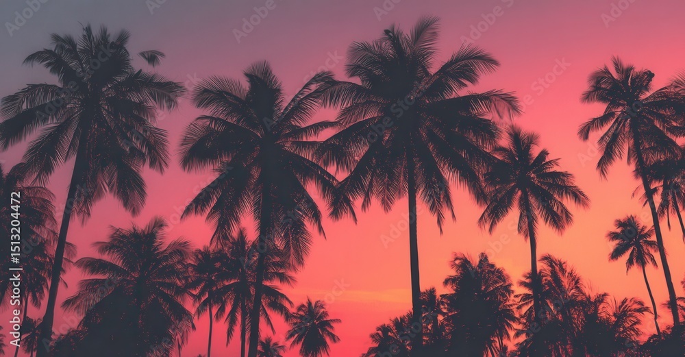 Obraz premium Silhouetted palm trees against a vibrant sunset, creating a tropical ambiance. Warm hues of pink and orange paint the tranquil sky.