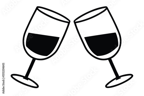 Two glasses of wine. Cheers with wineglasses line art vector illustration