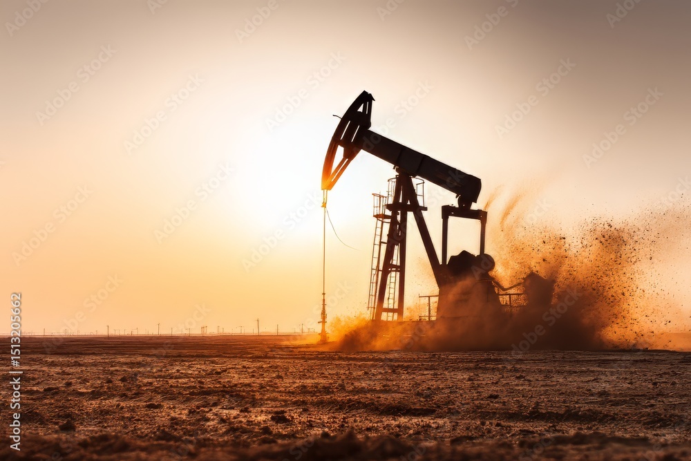Naklejka premium Oil Pump Jack Operating at Sunset in Open Field