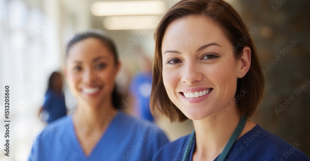 Fototapeta premium Two healthcare providers in blue scrubs smile while standing in a hospital hallway. They appear friendly and approachable, promoting good health.