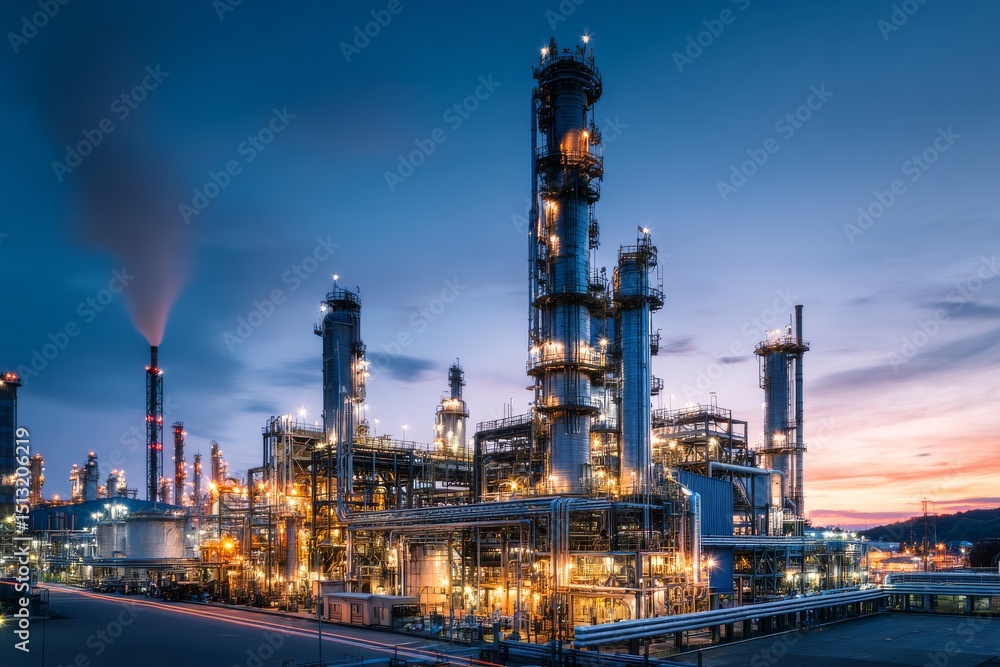 Naklejka premium Oil Refinery Plant Emitting Light Smoke at Dawn