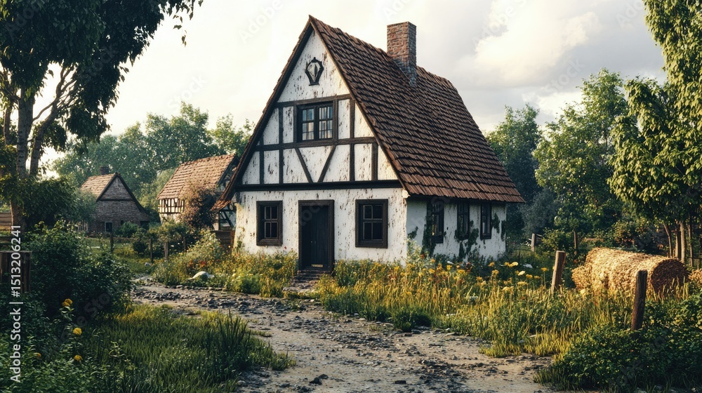 Obraz premium Medieval Village Cottage: A Rustic Charm