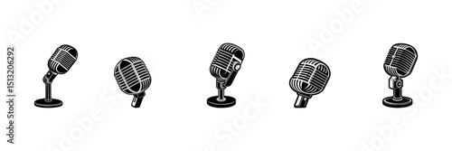 Isolated retro metal microphone and vintage flatware silhouette set design