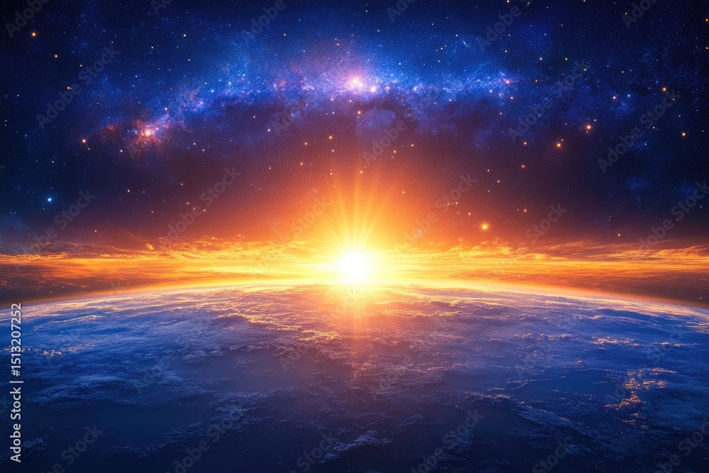 Obraz premium Sunrise over Earth from space, vibrant colors, and celestial bodies