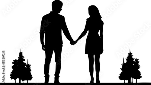 Silhouette Couple Holding Hands with Trees