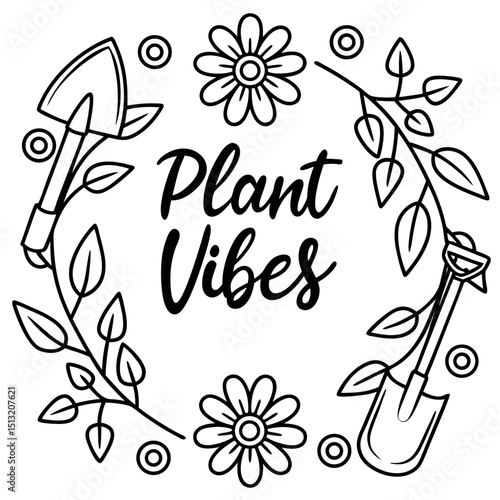 Black outlined gardening tools and flora form a circular border around Plant Vibes