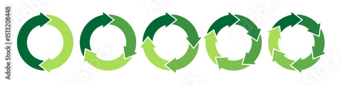 Green circle transition stages. Circular arrows. Diagram infographic set. Rotation cycle vector 2, 3, 4, 5, 6, parts. Cyrcle, process, and flow concept