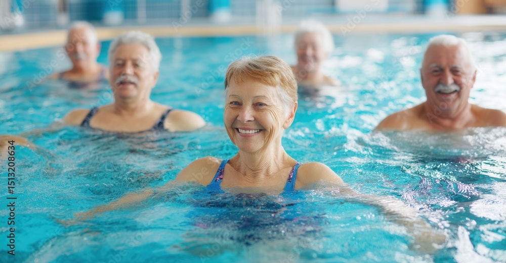 Fototapeta premium Senior citizens enjoy water exercises together in the pool, promoting health and wellness with laughter and friendship.