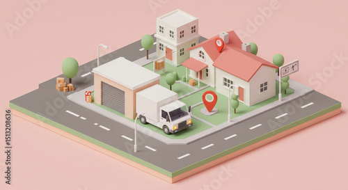 Isometric Lowpoly Illustration of a Residential Neighborhood with Delivery Truck