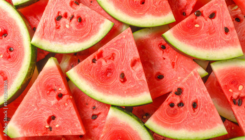 Watermelon Summer: Slices of juicy watermelon, vibrant red flesh and dark seeds, arranged in an appetizing pattern, perfect for summer refreshment. Watermelon Summer: Slices of juicy watermelon, vibrant red flesh and dark seeds, arranged in an appetizing pattern, perfect for summer refreshment.