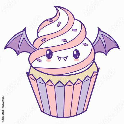 Cartoon cupcake with pink and white icing smiles with small vampire fangs and wings