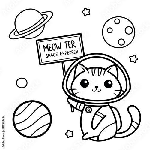 Cartoon feline in an astronaut suit holds a sign reading Meow Ter Space Explorer