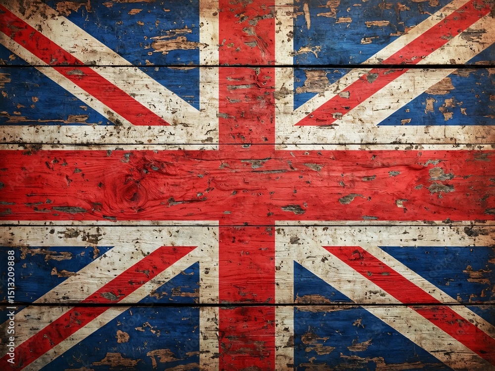 Fototapeta premium Distressed Union Jack flag on weathered wood.