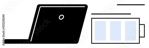 Laptop next to a battery icon with charge level bars, representing power, energy, and device usage. Ideal for technology, energy saving, productivity, remote work, battery management efficiency