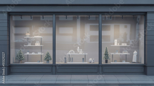 Minimalist storefront window display with small Christmas tree and elegant white shelving on a neutral blue background