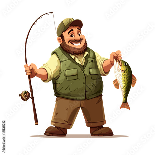 Happy Cartoon Fisherman Holding a Caught Fish