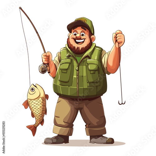 Happy Cartoon Fisherman Holding a Caught Fish