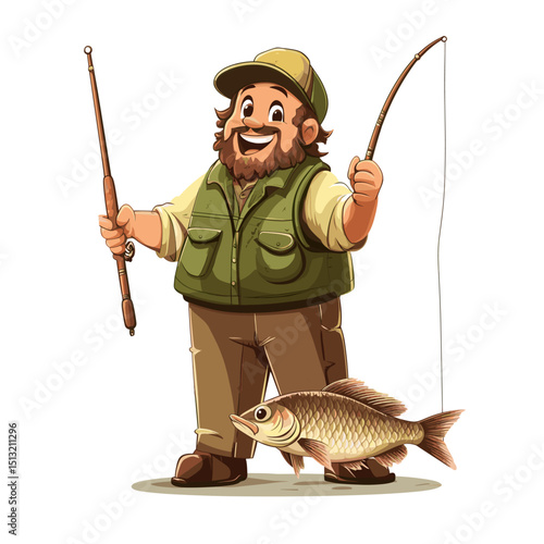 Happy Cartoon Fisherman Holding a Caught Fish