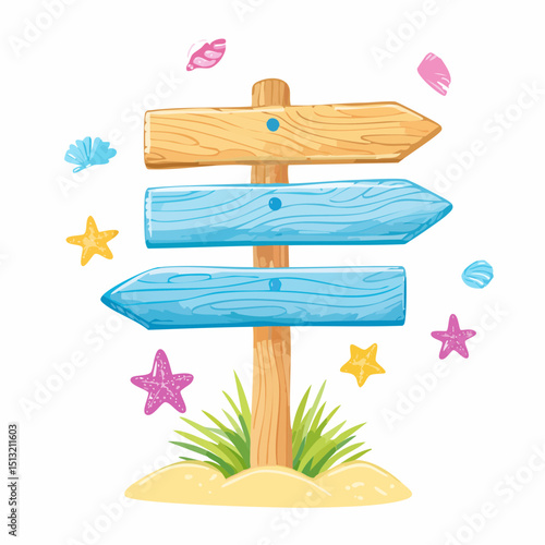 Wooden Signpost on Beach: A charming, sun-kissed wooden signpost stands gracefully on a sandy beach, surrounded by playful starfish, seashells, and coastal elements.