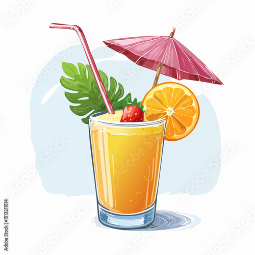 Tropical Breeze: A refreshing glass of tropical juice, adorned with a cocktail umbrella and fruit, evoking the essence of a blissful summer escape.