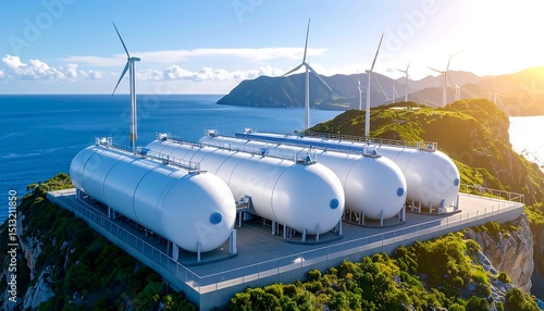 Cliffside Depot Rooftop View with Wind Turbines and Storage Tanks