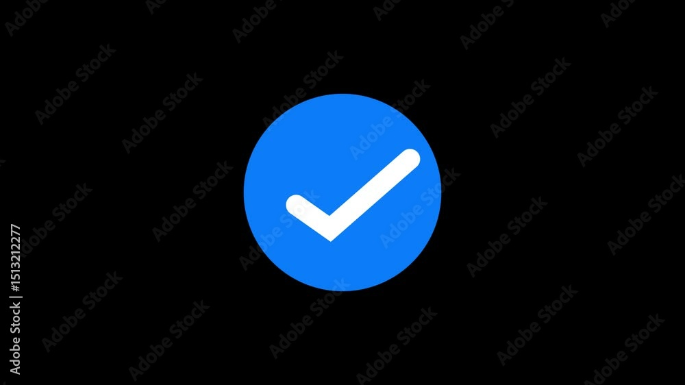 Animated white check mark icon in sky blue circle. Isolated on a black background. Animated white check mark icon in sky blue circle. Isolated on a black background.