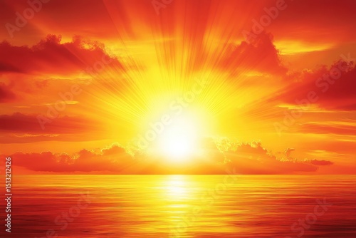 Fiery sunset over the ocean. Vivid colors of orange and yellow