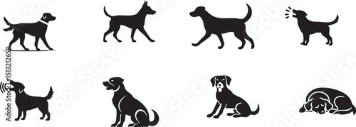 Various black dog silhouettes depicting different poses and actions on a white background in a vector format