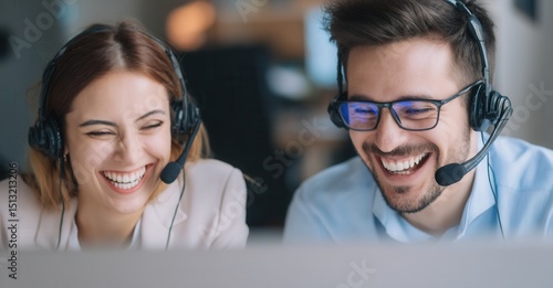 Smiling support staff are enjoying conversation with clients. The support workers are wearing headsets and helping customer requests.