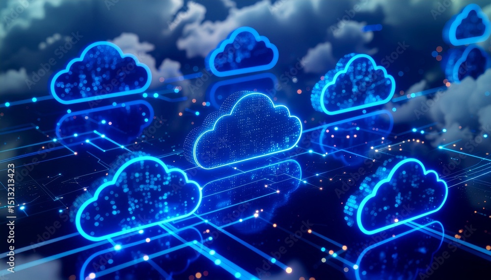 Glowing cloud icons interconnected over digital network in futuristic sky Glowing cloud icons interconnected over digital network in futuristic sky