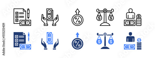 Money management icon set with Financial Plan, Handling, Interest, Balance, Earning.