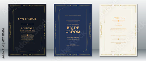 Geometric wedding invitation card set with luxurious golden line borders on black, navy blue, and cream backgrounds. Perfect for elegant events, save the date, and formal wedding announcements.