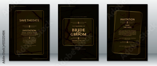 Sophisticated black and gold wedding invitation card design with marble texture and modern gold frame lines. Perfect for formal events, save the date cards, and luxury wedding stationery.