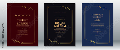Elegant classic wedding invitation templates featuring vintage gold line frames on dark burgundy, navy blue, and black backgrounds.  