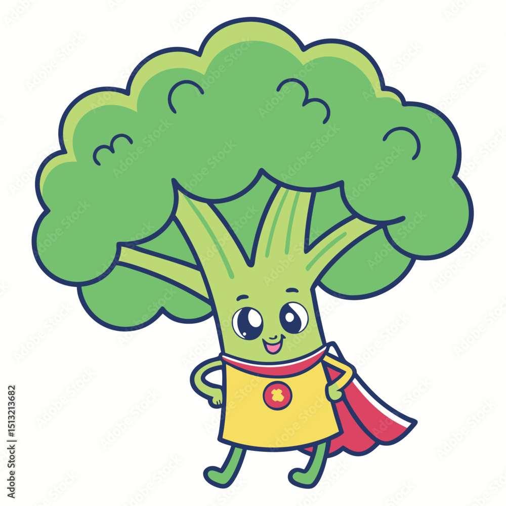 Cheerful broccoli character wears a yellow shirt and a red cape against white background Cheerful broccoli character wears a yellow shirt and a red cape against white background