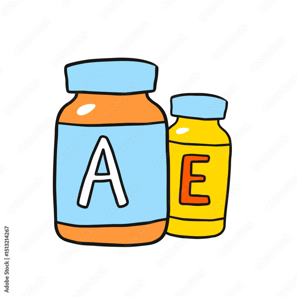 Fototapeta premium Cartoon illustration of vitamin a and e bottles