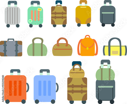 キャリーバッグ、旅行かばんのイラストセット