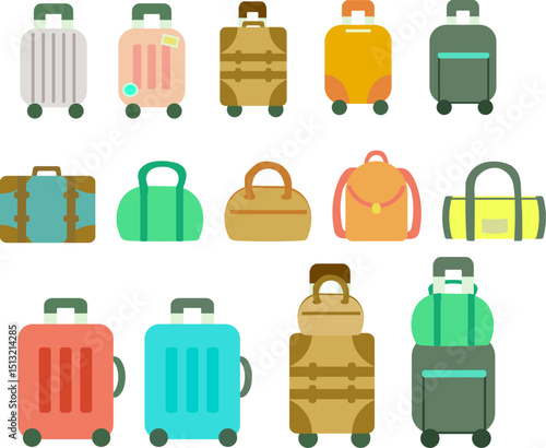 キャリーバッグ、旅行かばんのイラストセット