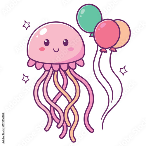 Delightful pink jellyfish cheerfully floats alongside three colorful balloons and small sparkling stars on a transparent background