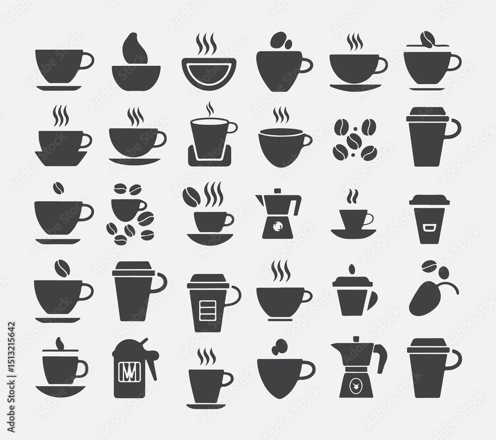 Simple monochrome coffee symbols grid with steaming cups saucers and scattered coffee beans Simple monochrome coffee symbols grid with steaming cups saucers and scattered coffee beans