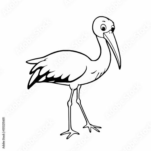 A charming outline illustration of a stylized white ibis standing gracefully with an inquisitive expression on a clean white background
