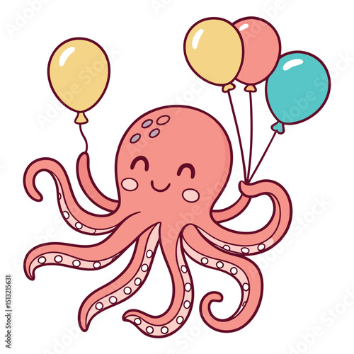 Joyful cartoon octopus floats happily while holding colorful balloons against a transparent background
