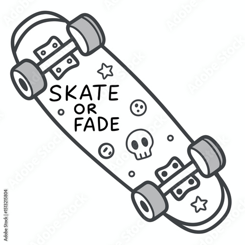 Line art skateboard displays 'Skate or Fade' text with stars, circles, and a skull